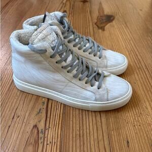 P448 ivory white leather zebra print faux fur‎ lining high top sneakers SIZE 7